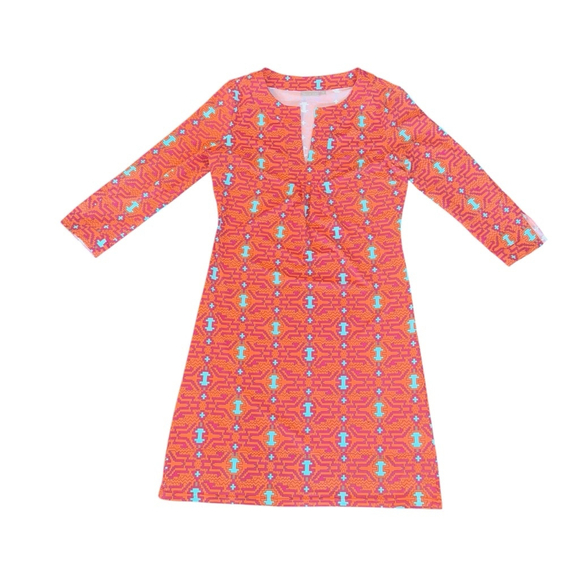 Ellie Kai XS Orange Turquoise Southwestern Geometric Stretch PERFORMANCE Dress - Picture 5 of 10